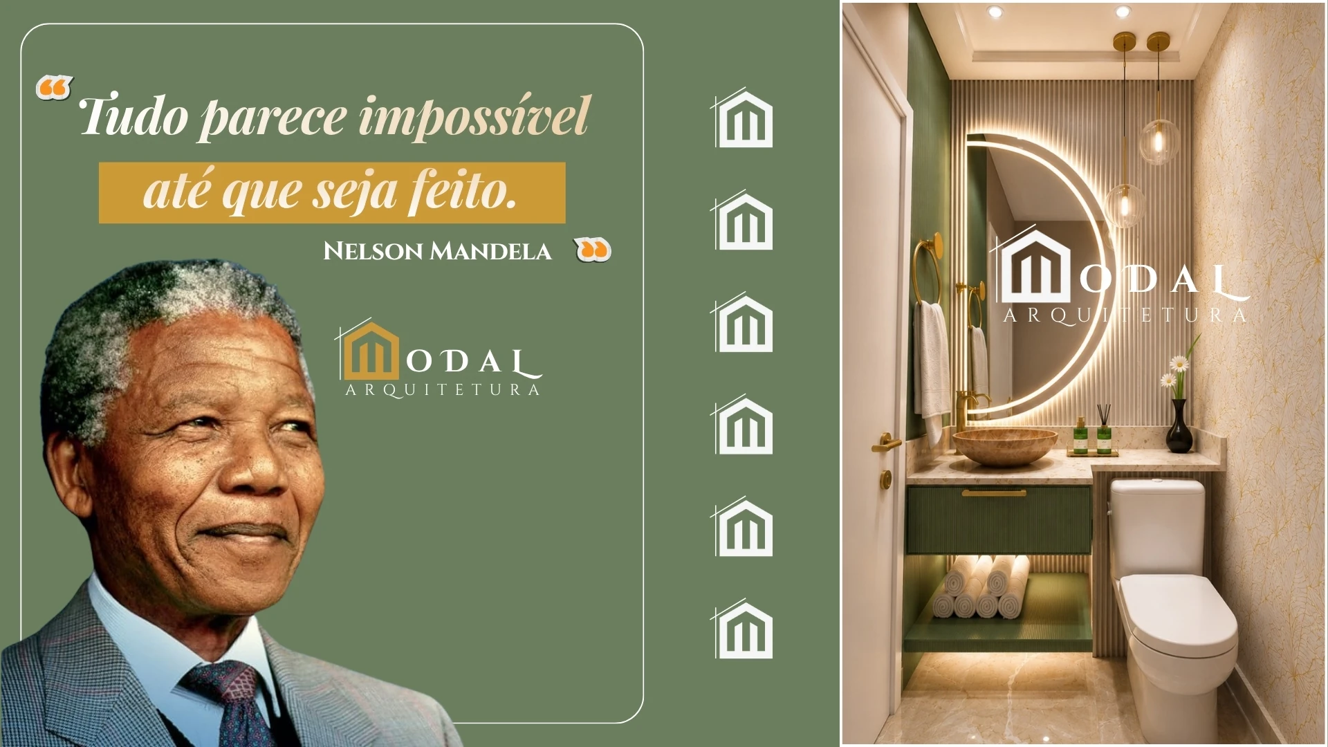 Composição da Modal com Nelson Mandela, frase inspiradora e projeto de lavabo