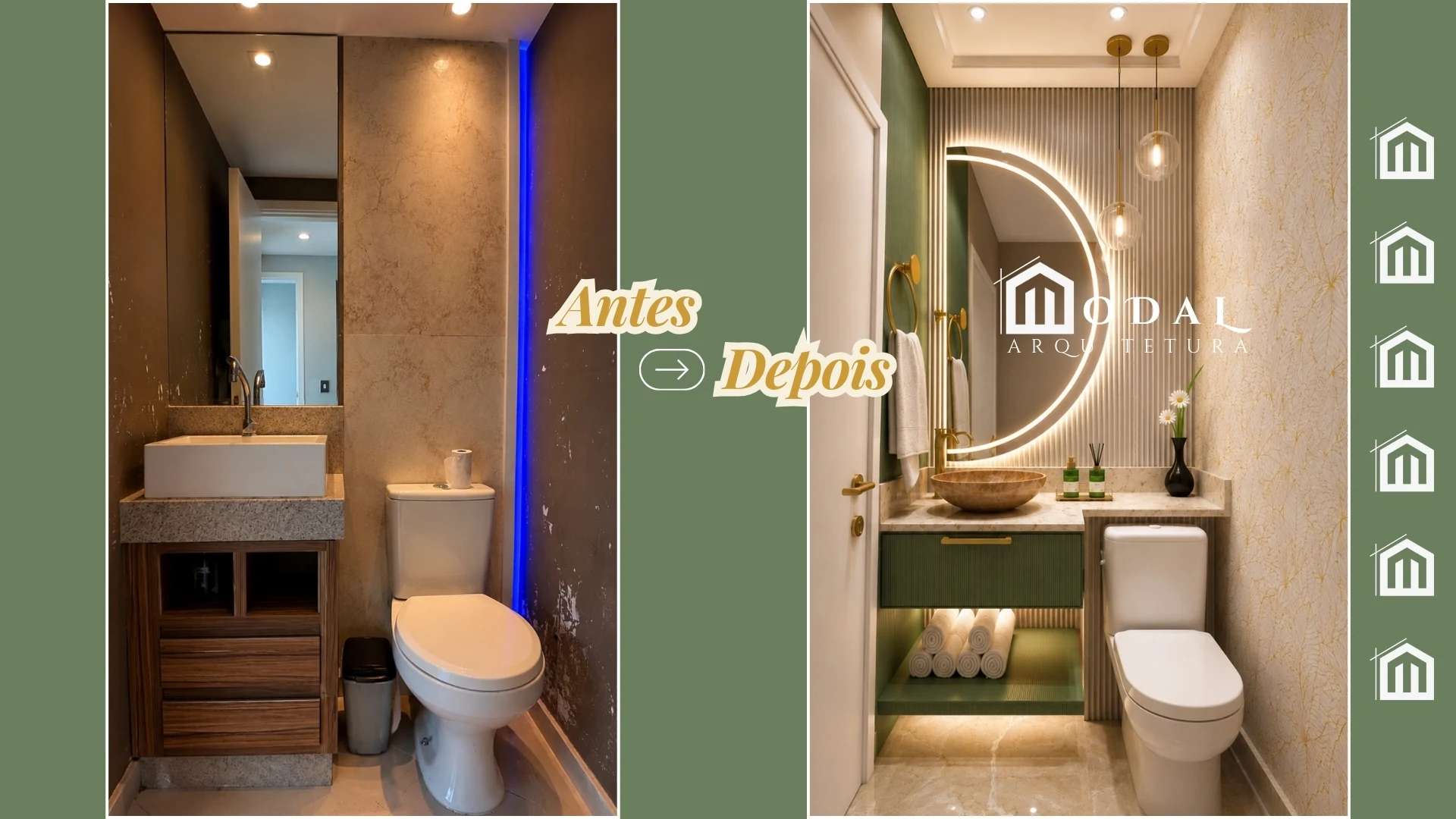 Antes e depois de uma reforma de banheiro com novo revestimento e iluminação