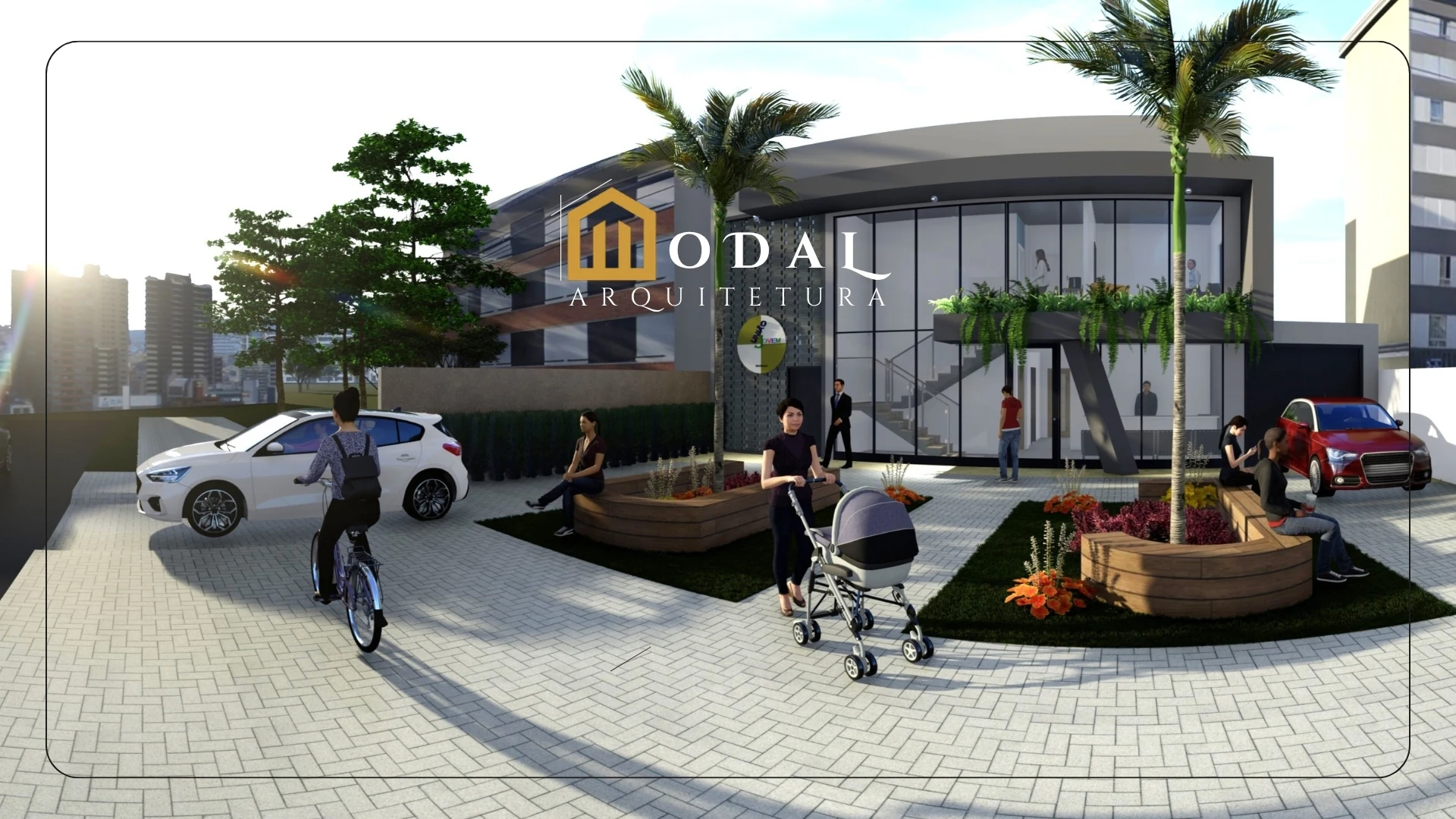 Projeto comercial contemporâneo com praça, paisagismo e espaços de convivência