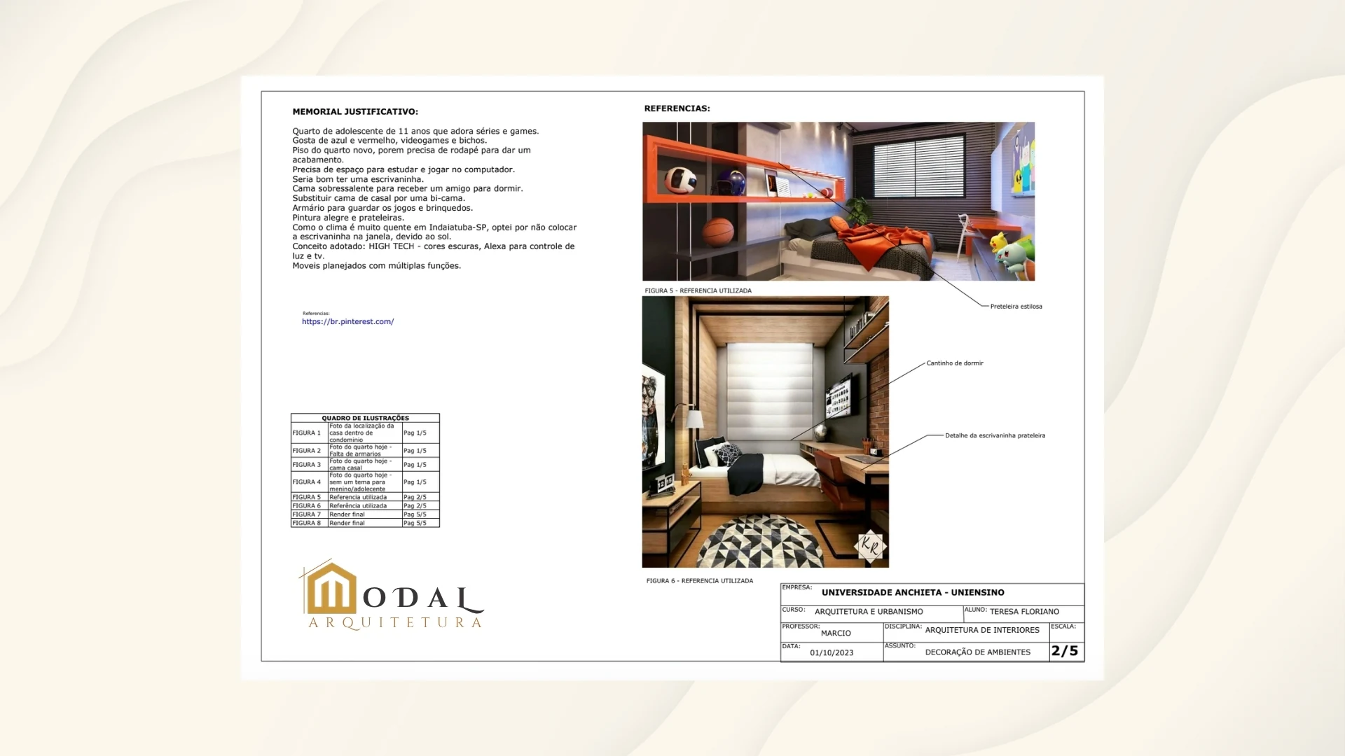 Apresentação de proposta de arquitetura com materiais, ambientes e informações técnicas