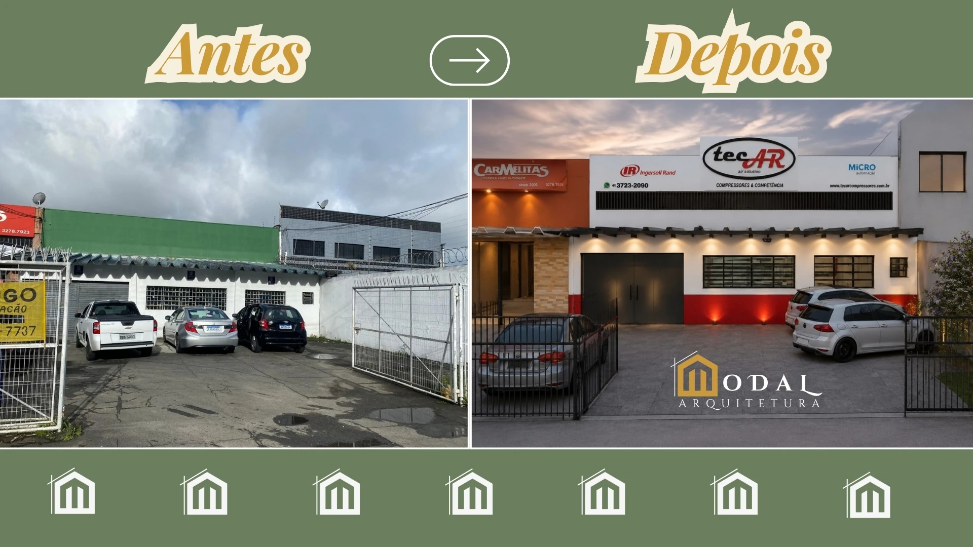 Antes e depois da renovação de uma fachada comercial pela Modal Arquitetura