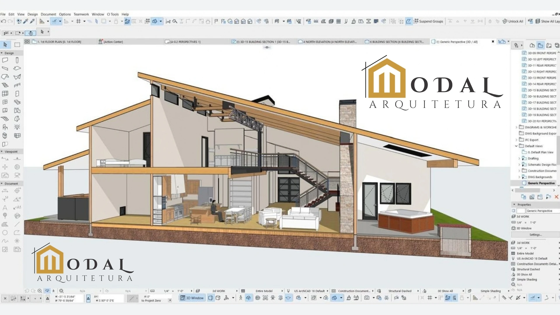 Modelo arquitetônico em corte de uma residência, apresentado pela Modal Arquitetura